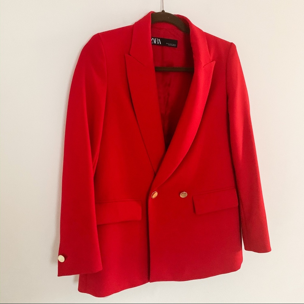 ZARA Straight Structured Blazer Red gold buttons